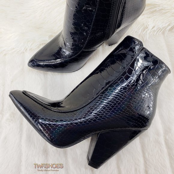 Mata Shoes Shoes - Vibes Black Hologram Modern 4" Cone Heel Ankle boots Restocked